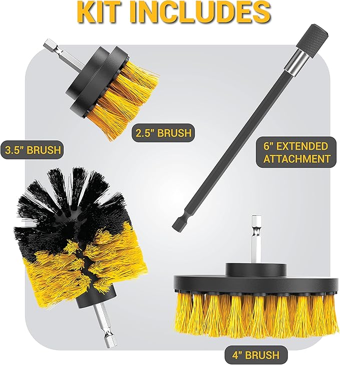 SCRUBIT Drill Brush Attachment Set - Power Scrubber Tile and Grout Tool - Use for Kitchen, Shower, Bathtub and Floor Surface - All Purpose Household Cleaning Kit Includes 3 Brushes with A Bit Extender