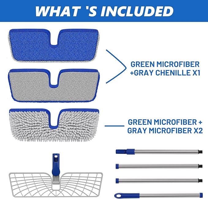 2-Sided Microfiber Dust Mop: Dry Flat Wall Mop for Hardwood Floors with 3 Reusable Pads Reversible Head for Apartment Kitchen Tile Laminate Pet Hair Cleaning