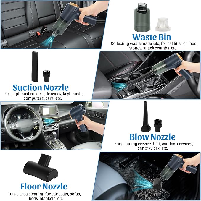12000Pa Cordless Handheld Vacuum Cleaner, High Power Car Vacuum and Air Duster 2-in-1, Low Decibel Brushless Mini Vacuum with LED light and Multi-Nozzles, for Desk, Sewing Machine, Computer, Keyboard
