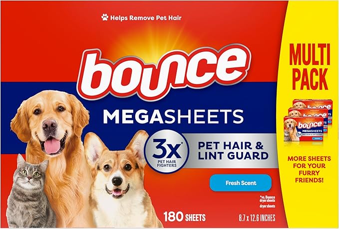 Bounce Pet Hair and Lint Guard Mega Dryer Sheets with 3X Pet Hair Fighters, Fresh Scent, 180 Count