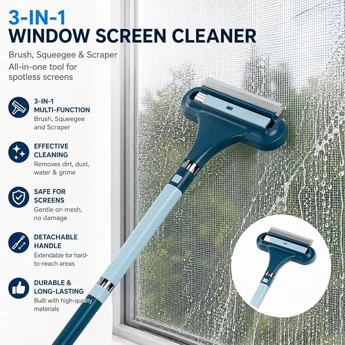 3 in 1 Window Screen Cleaner, Mesh Window Screen Cleaning Brush with Squeegee, Multi-Purpose Tool for Patio, Door and Porch Screens (Blue)