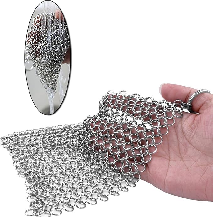 TOPULORS Cast Iron Scrubber 316 Stainless Steel Skillet Cleaner 8"x6" Chainmail Scrubber Scraper Chain Mail Link Scrub for Cast Iron Pre-Seasoned Pans, Griddles, BBQ Grills, and Pot Cookware Cleaning