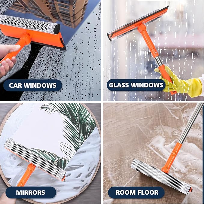 Professional Window Squeegee,2 in 1 Squeegee Window Cleaner with Long Stainless Steel Handle,Sponge Car Window Squeegee for Gas Station, Glass,Shower (Sponge Style)