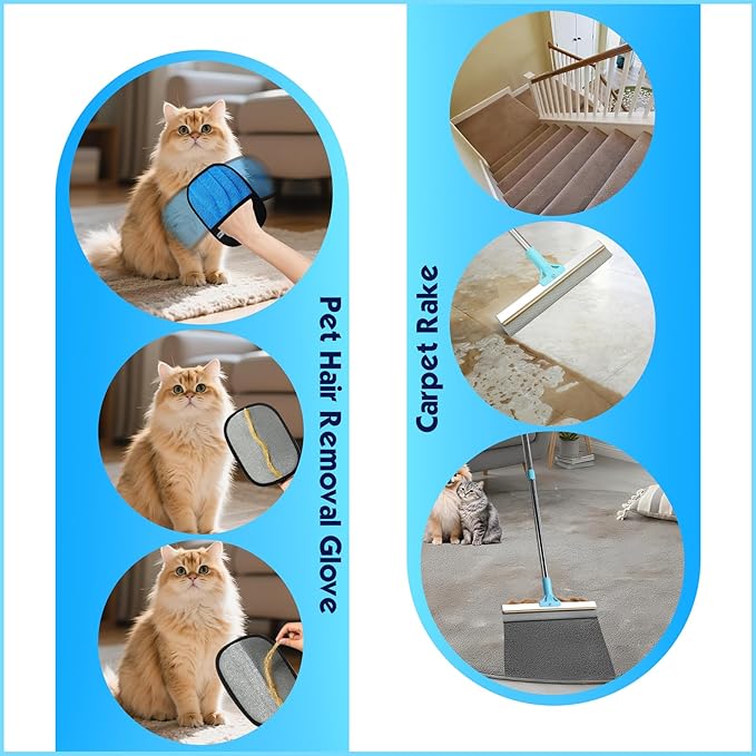 Carpet Rake for Pet Hair Removal, 54" Adjustable Long Handle 3 in 1 Carpet Rake & Pet Hair Removal Gloves for Cat Dog Fur Remover for Carpets, Rugs, Mats and Furniture(with 2 Hooks)