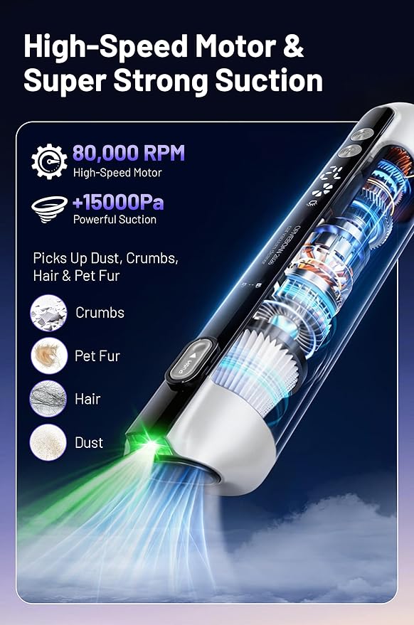 Handheld Cordless Car Vacuum Cleaner 15000Pa, 3-in-1 Portable Vacuum with LED Display & HEPA Filter,USB-C Rechargeable, up to 30-Min Runtime for Car, Home, Desk & Pet Hair(White)