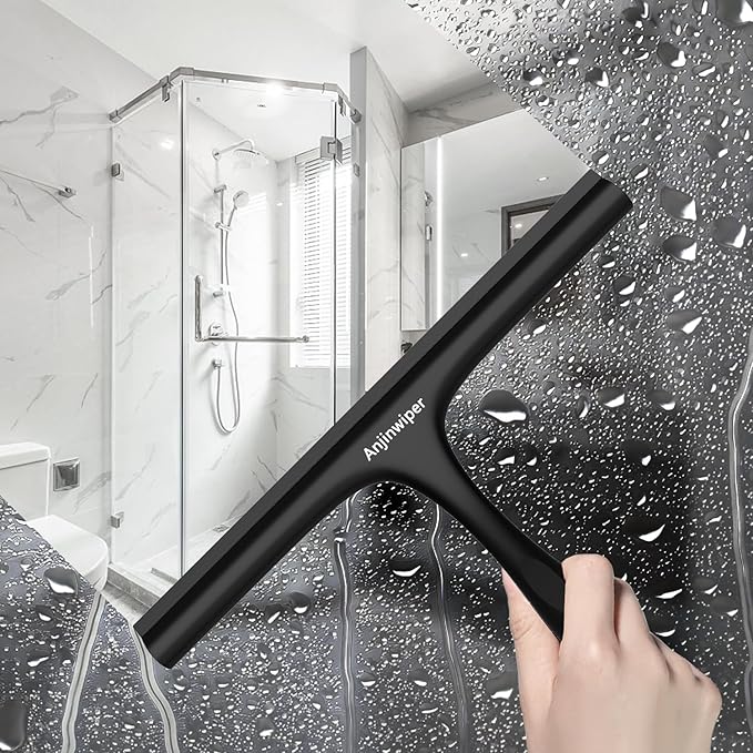 Shower Squeegee for Glass Doors with Adhesive Hook, Window Squeegee for Shower Glass, Cleaning Tile Wall, Bathroom Cleaner Tool Household Silicone Squeegee(10 inch-Black)