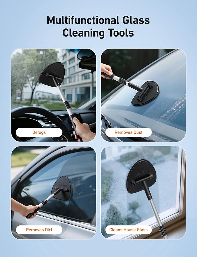 AstroAI Windshield Cleaner Tool, Car Window Cleaner with 4 Upgraded Microfiber Pads, 1 Spray Bottle, 180° Rotatable and Extendable Handle, Effortless Installation