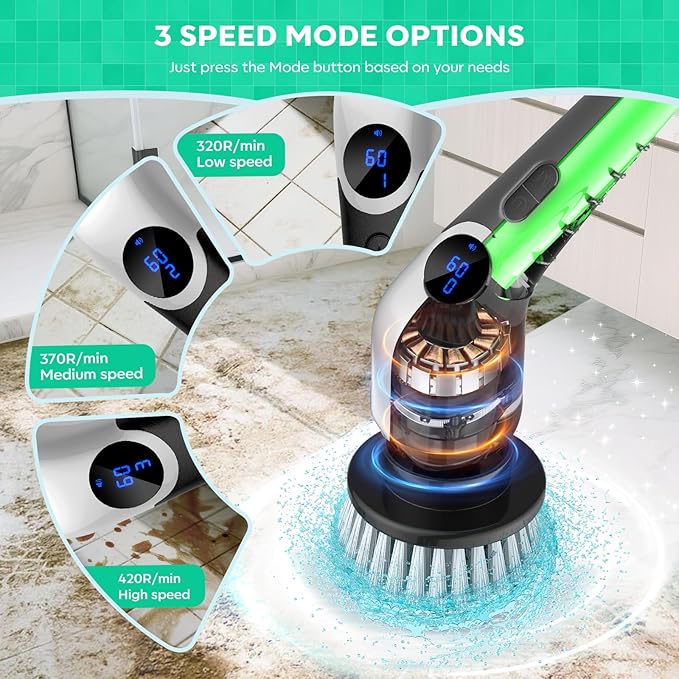YKYI Cordless Electric Spin Scrubber, Power Cleaning Brush with 8 Replaceable Heads & Extension Handle for Bathroom, Tub, Tile, Floor, Car
