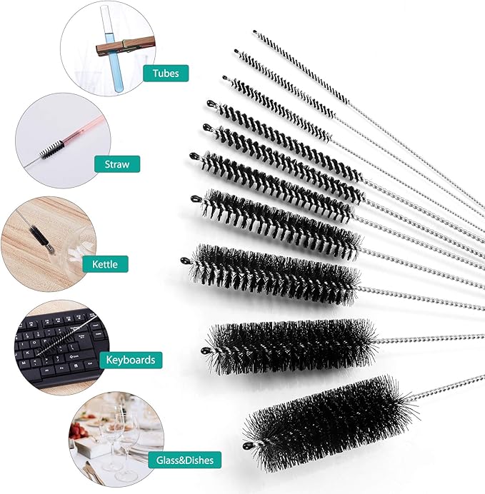 CiaraQ Bottle Cleaning Brushes, 8 Inch Nylon Tube Brush Set, Cleaner for Narrow Neck Bottles Cups with Hook, Set of 10pcs
