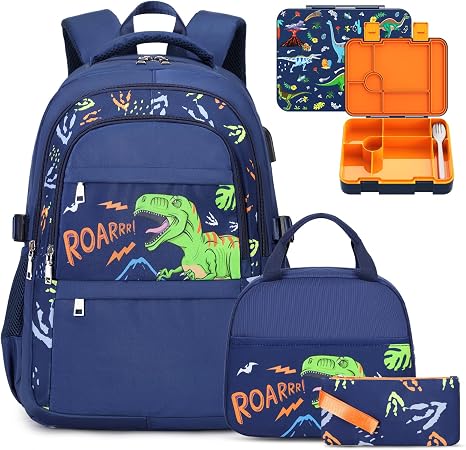 ACESAK 4PCS Boys Backpack with Bento Box, Lunch Bag & Pencil Case for Kids