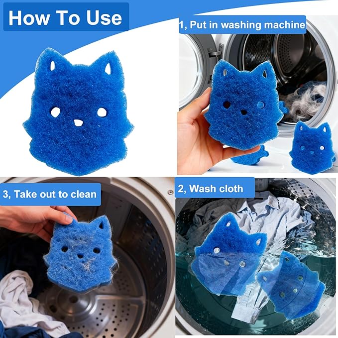 Pet Hair Remover for Laundry, 6PCS Reusable Dog & Cat Hair Remover Tool - Removes Pet Fur, Hair, Lint, Dander from Clothes &Washing Machine. (Blue, cat face)