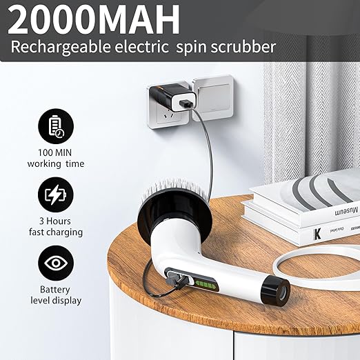 Cordless Electric Spin Scrubber - IPX7 Waterproof, LCD Display, 8 Brush Heads, Adjustable Extension Handle, for Shower, Bathtub, Tile, Grout, Kitchen, Bathroom Cleaning