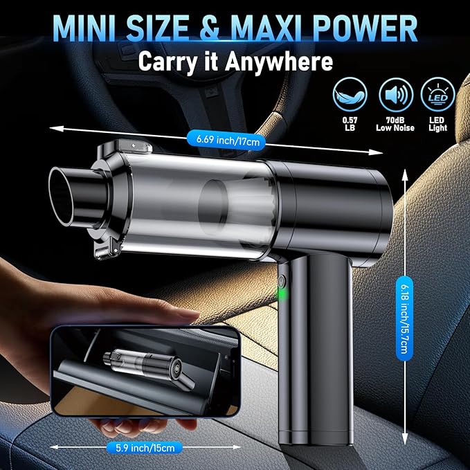Car Vacuum Portable Cordless, 35000Pa High Power Brushless Motor Handheld Vacuum, 6-in-1 Rechargeable Mini Cleaner with Air Duster for Car, Home, Pet Hair, Keyboard, Graphite Grey