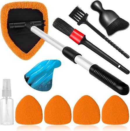 Qydipclin 10pcs Windshield Cleaner Tool, Car Window Cleaning Wash Kit with 4 Reusable Microfiber Pads 1 Spray Bottle and