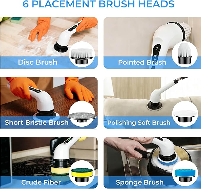 Electric Cleaning Brush, Rechargeable Power Scrubber with 6 Replaceable Brush Heads and Extendable Handle, Multi-Surface Cleaner for Bathroom, Kitchen, Floor, Grout, Car, Windows