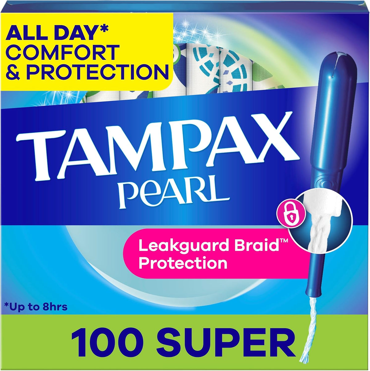 Pearl Tampons for Women, with LeakGuard Braid, Super Absorbency, Unscented, 100 Count (2 Packs of 50)