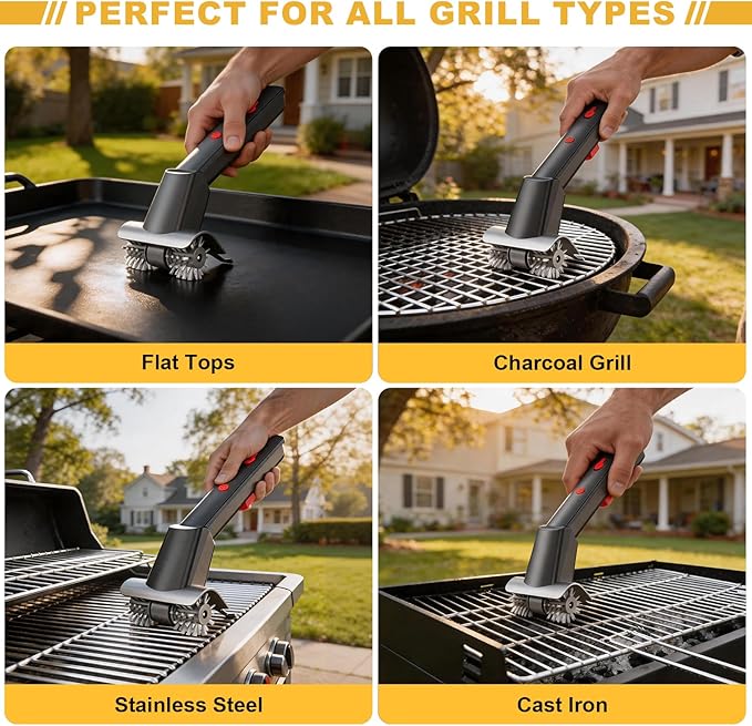 Electric Grill Brush, Cordless Rechargeable Grill Cleaner with LED Light & Water Spray, BBQ Cleaning Brush with 2 Speeds, 304 Stainless Steel Heat Resistant Grill Brush for Outdoor Camping & Grilling