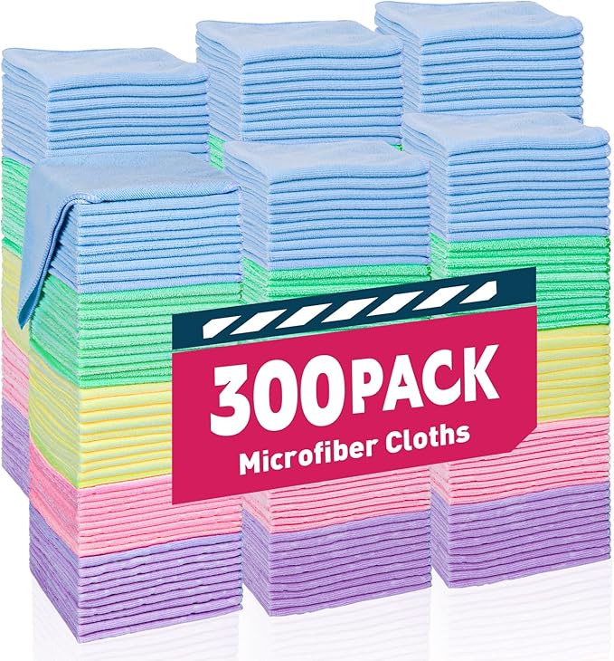 TEAWOO Microfiber Towels Bulk-300 Pack, Cleaning Cloths, Microfiber Towels for Cars, Cleaning Rags 5 Colors Assorted (12x12 inches)