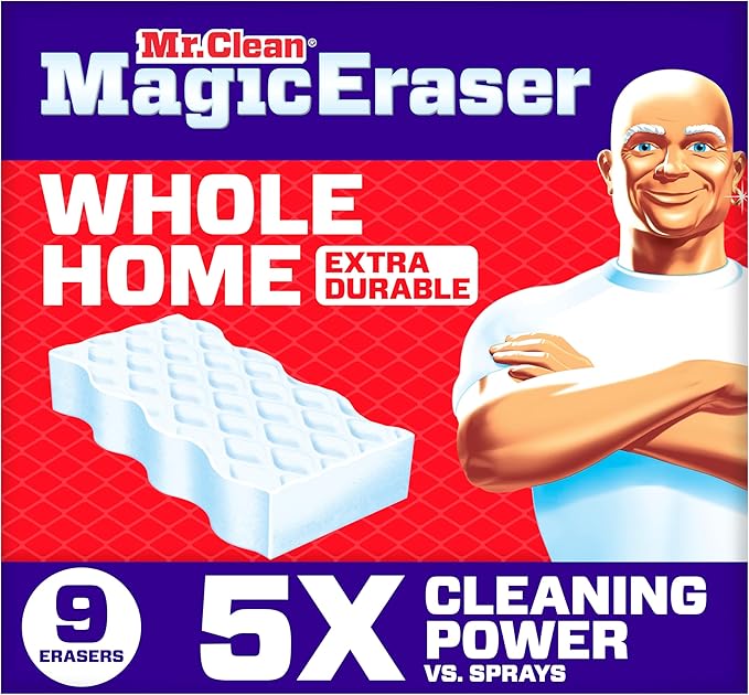 Mr. Clean Magic Eraser Sponge, All Purpose Cleaner, Cleaning Scrubber, Wall, Sneaker, Kitchen, Bathroom, Shower Cleaner, Cleaning Supplies, Melamine Sponge, Cleaning Pads, Extra Durable, 9ct