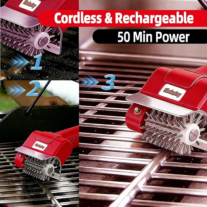 Electric Grill Brush and Cleaner - Cordless Rechargeable BBQ Cleaning Tool with Stainless Steel Removable Head, Dishwasher Safe, USB-C 4000mAh Battery for Grill Grates(Red)