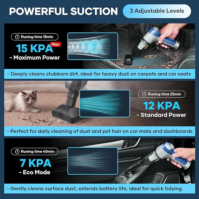 SakerPlus Mini Vacuum Cleaner, 3 in 1 Car Vacuum Cleaner High Power, 15000PA Powerful Suction, Air Duster, 7500mAh, Adjustable Small Vaccum Portable Cordless for Cars,Desktop,Home- Light Blue