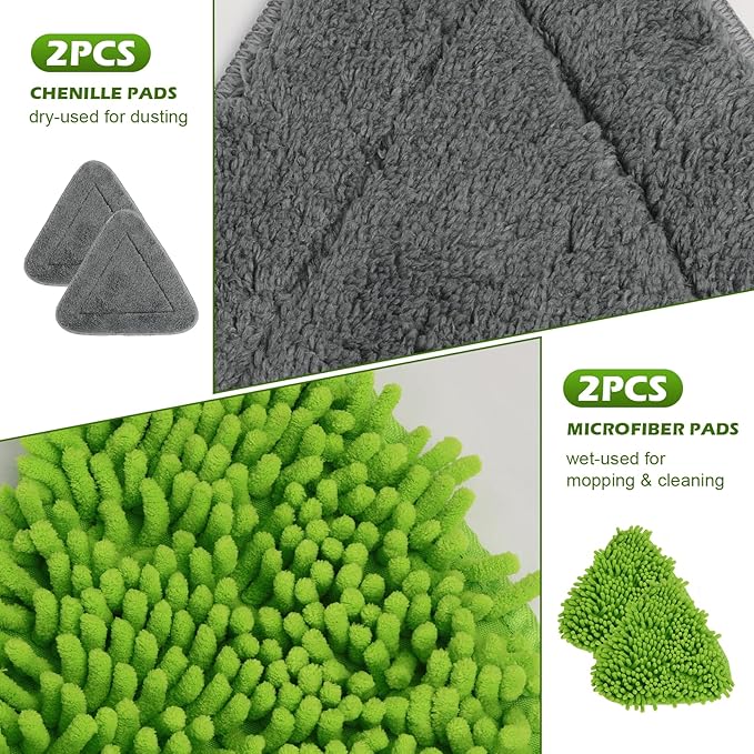 Wall Cleaner Triangle Mop with 82'' Long Handle - Wall Scrubber, Cleaning Washer Tool with 4 Microfiber Chenille Duster Pads for Clean Walls, Ceiling, Windows, Baseboards, Floors (Green, 4 Pads)
