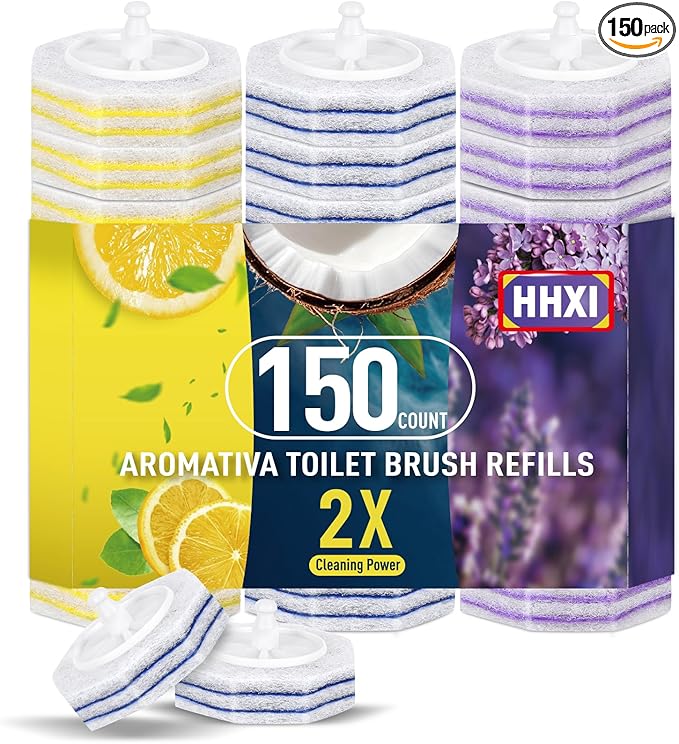 150Ct Aromative Toilet Brush Refills, Toilet Bowl Cleaner Refills, Double-Layer Cleaning Pads Added, Disposable Refill Heads for Toilet Bowl Cleaner Wands, Bulk （Patented）