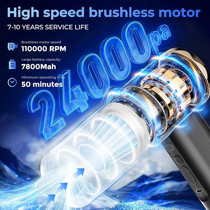 Handheld Cordless Vacuum Cleaner, Black, 24000Pa Suction, 3 Cleaning Modes, 7800mAh Battery, Vacuum/Blower/inflator Design, brushless Motor, USB-C Rechargeable
