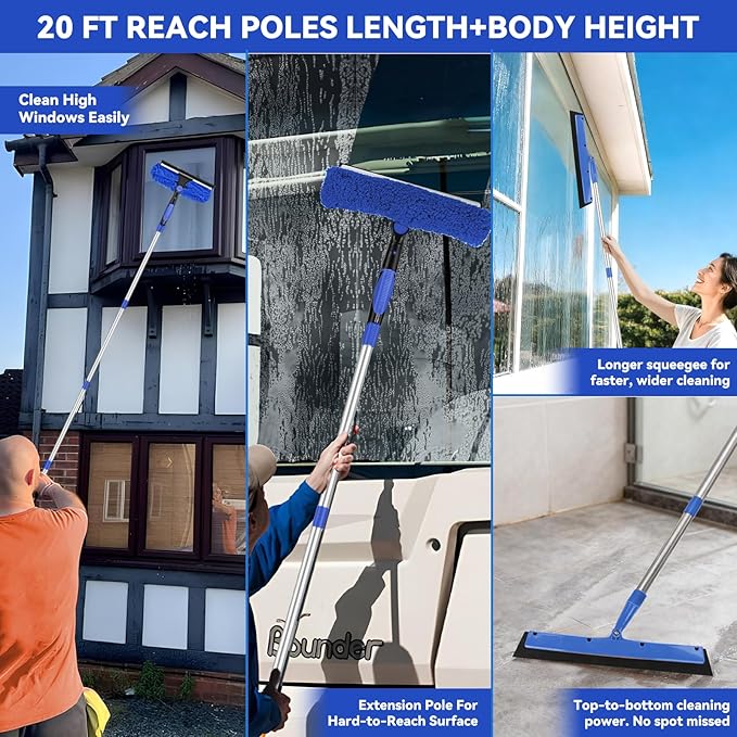 Window Squeegee Tool with Extension Pole: 20+ Feet Microfiber Scrubber Window Cleaning Kit for Rv Truck Bus Car Windshield - 3 to 14 Ft Spliceable Extendable Long Duster for High Outside Solar Panel