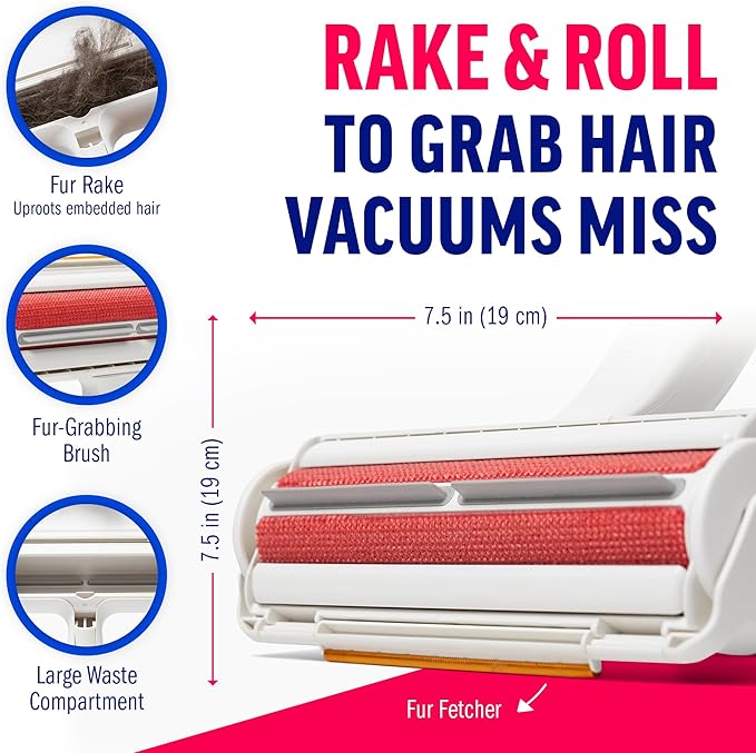 ChomChom Roller & Rake – Reusable Pet Hair Removal Roller with Rake Attachment for Cat & Dog Fur on Furniture, Couch, Carpet, Car, Rugs, Bedding & More– Portable, Eco-Friendly