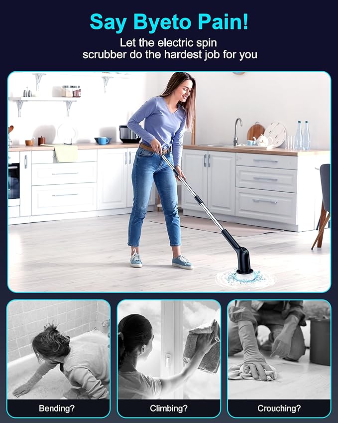 Shower Scrubber with Long Handle for Cleaning Bathroom, Electric Spin Scrubber Cleaning Brush with IPX7 Waterproof & 2Speed, 3Brush Heads, Bathroom Cleaning Supplies for Shower Tub Tile Toilet, Black