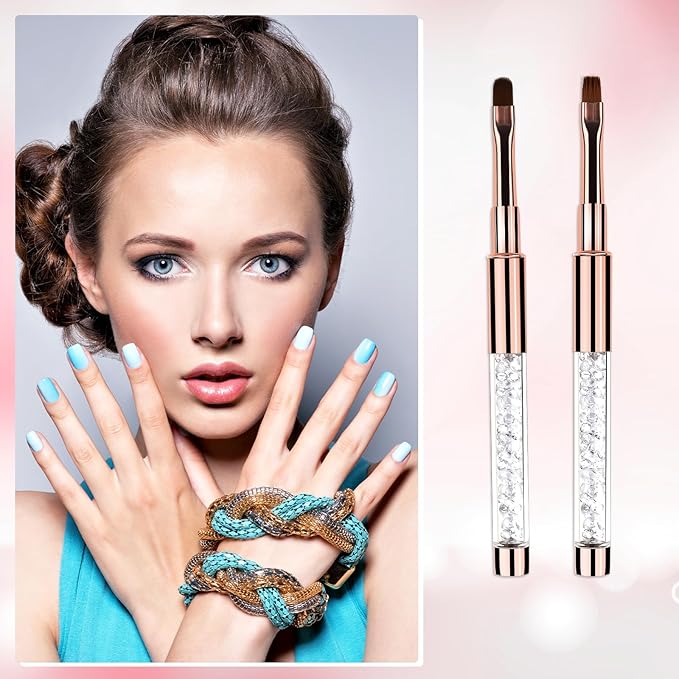 Oval & Flat UV Gel Nail Brush Rhinestone Handle Nail Art Design Brushes Nail Drawing Pen Gel Brushes for Nails, Size 8