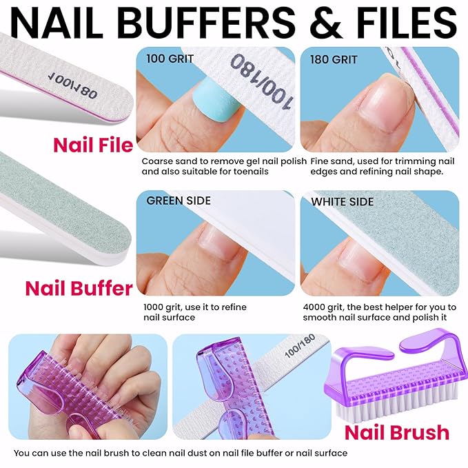 FANDAMEI Gel Nail Remover Kit with Soak Off Clips, Lint Free Wipes, Polish Remover Bottle, Cuticle Nippers, Pusher, Peeler. Cuticle Oil. Nail Files and Buffers. Gel Polish Removal Nail Soak Off Kit