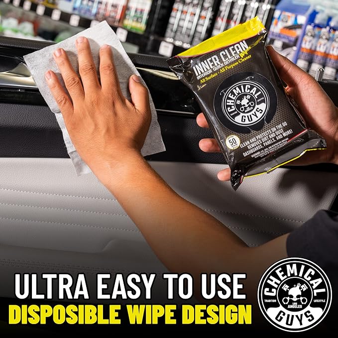 Chemical Guys InnerClean Interior Quick Detailer & Protectant Wipes – 50 Pack Multi Surface Interior Cleaner Wipes for Dashboards, Doors and Seats – Safe for Cars, Trucks, SUVs, RVs and Home Use