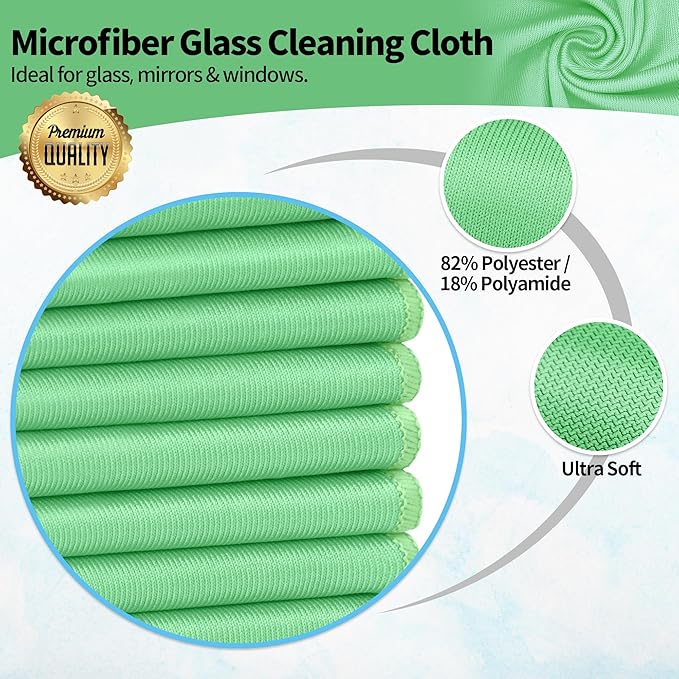 Microfiber Cleaning Cloth, 12 Pack Window Glasses Cleaning Cloth, Reusable Lint-Free Streak Free Polishing Cloth Wipes for Stainless Steel, Eyeglass, Mirror, Screen & Lense, Sage Green