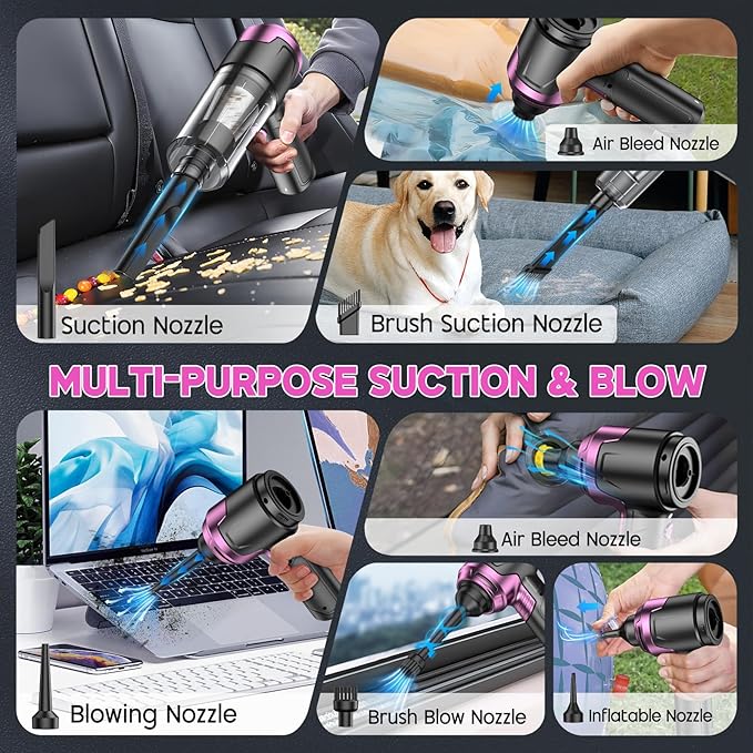 KMM Handheld Car Vacuum Cleaner, 10000PA Vacuum Cleaner & Air Duster, 120W High Power Vacuum Portable Cordless, Hand Held Vacuum Rechargeable with Multi-Nozzles & LED Light for Home, Car, Office