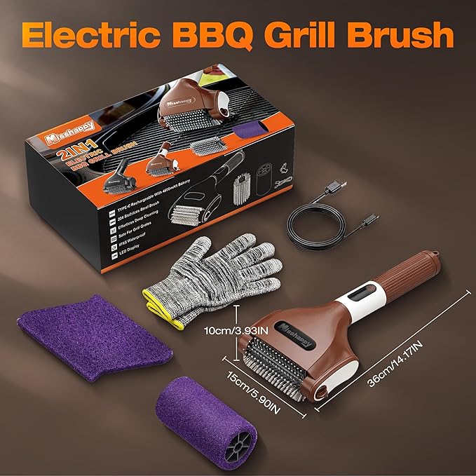 Misshappy Electric BBQ Grill Brush - 4000mAh Cordless BBQ Grill Cleaner 2 Speed - 800RPM Bristle Free Electric Grill Cleaner for Outdoor Grill Rechargeable with Scraper/LED Light/LED Display (Brown)