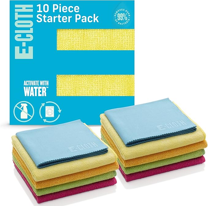 E-Cloth 10-pc Starter Pack, Microfiber Cleaning Cloth Set, Includes Household Cleaning Tools for Bathroom, Kitchen, and Cars, Washable and Reusable, 100 Wash Promise, Assorted Colors