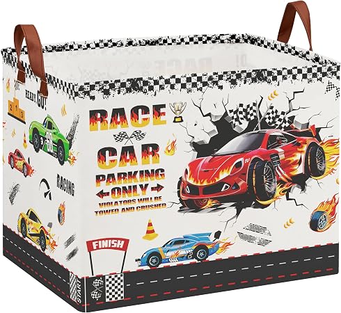 Race Car Toy Storage Basket, Collapsible Kids Laundry Hamper with Parking Sign, Car Themed Storage Organizer Bin for Boy