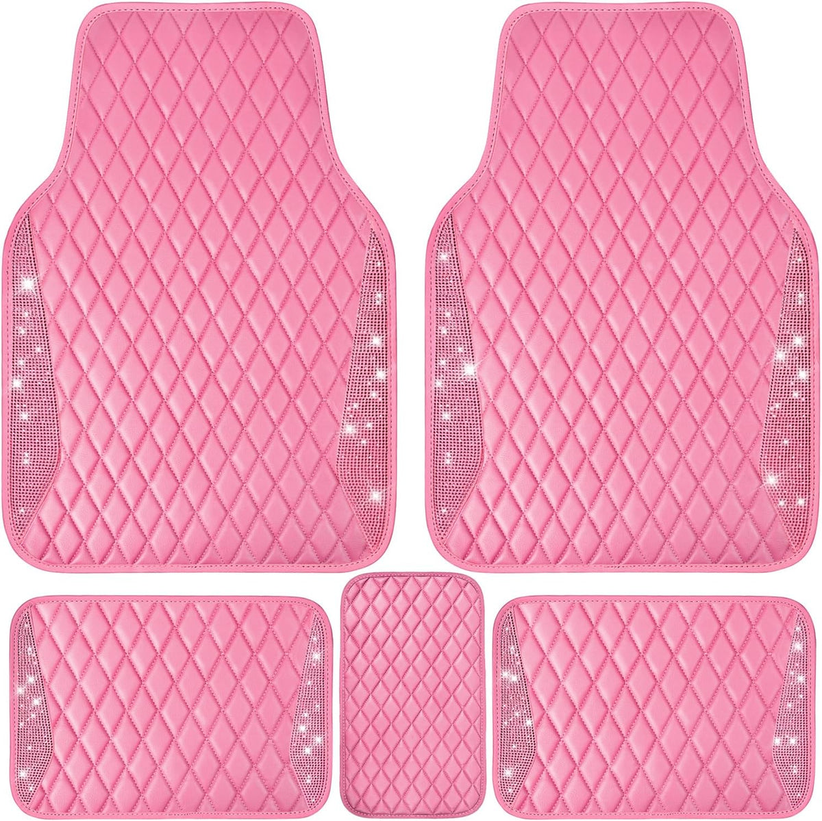 Bling Leather Car Mats Shining Diamond Floor Mats Crystal Rhinestones Sparkly Glitter Carpet Anti-Slip Waterproof Pad Universal Fit for Automotive SUV, Sedan, Van, 5pcs for Girl Women Pink