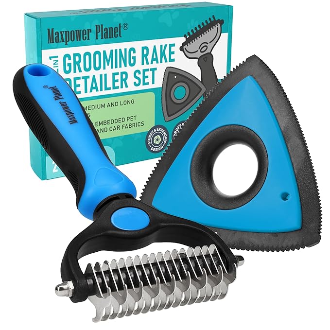 Maxpower Planet Pet Grooming Rake and Mini Pet Hair Remover Tool, Undercoat Rake for Dogs & Hair Remover for Car Carpet, Cat Fur Removal and Double-Sided Deshedding Dematting Tool for Dogs and Cats