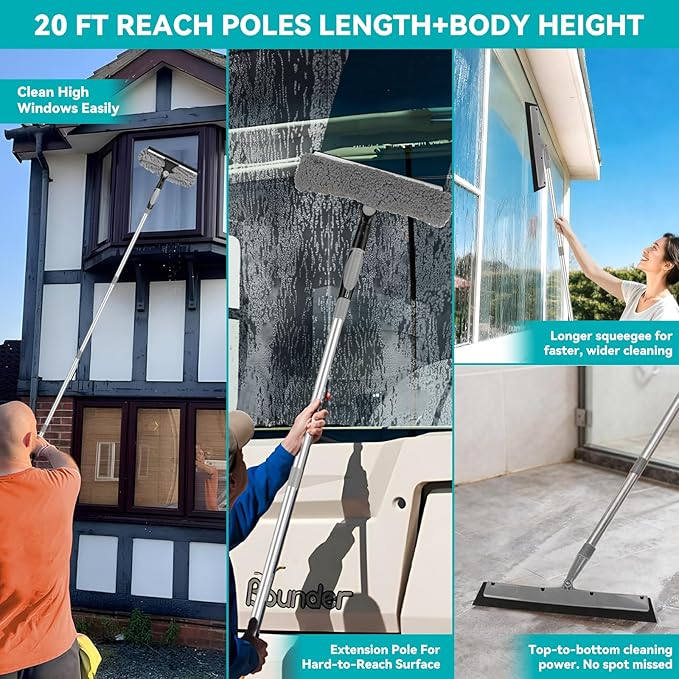 2-in-1 squeegee for window cleaning: 20+ Ft Long Reach cleaner tool with extension pole in home office commercial building Skylight Floor Ceiling Wall Dusting for Homeowner Car Enthusiast DIY Cleaners