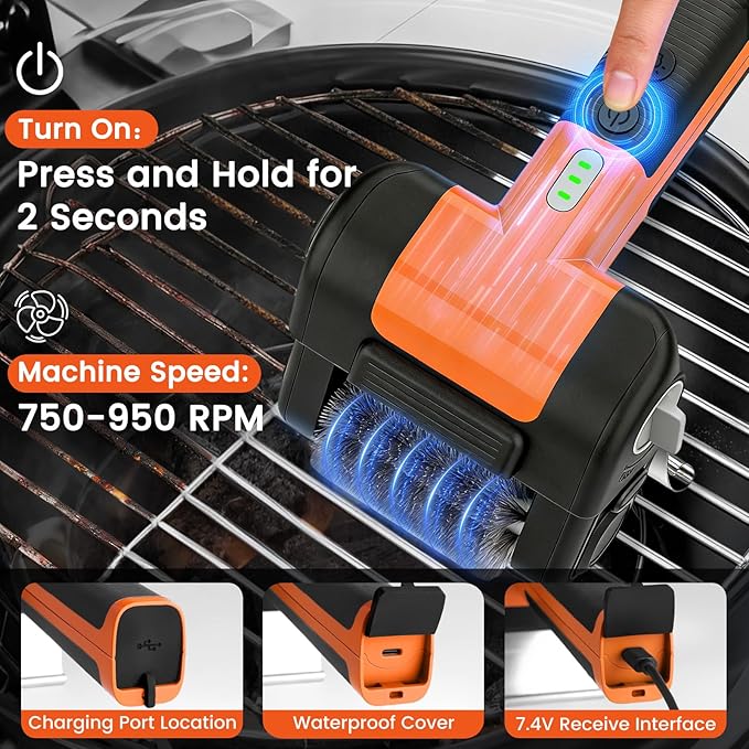 Electric Grill Brush, 950 RPM Cordless Electric BBQ Grill Cleaner with 4500mAh Battery, LED Light, 304 Stainless Steel Brush Head, No Preheating Grill, Heavy Duty Grill Clean Tool for Outdoor Grill
