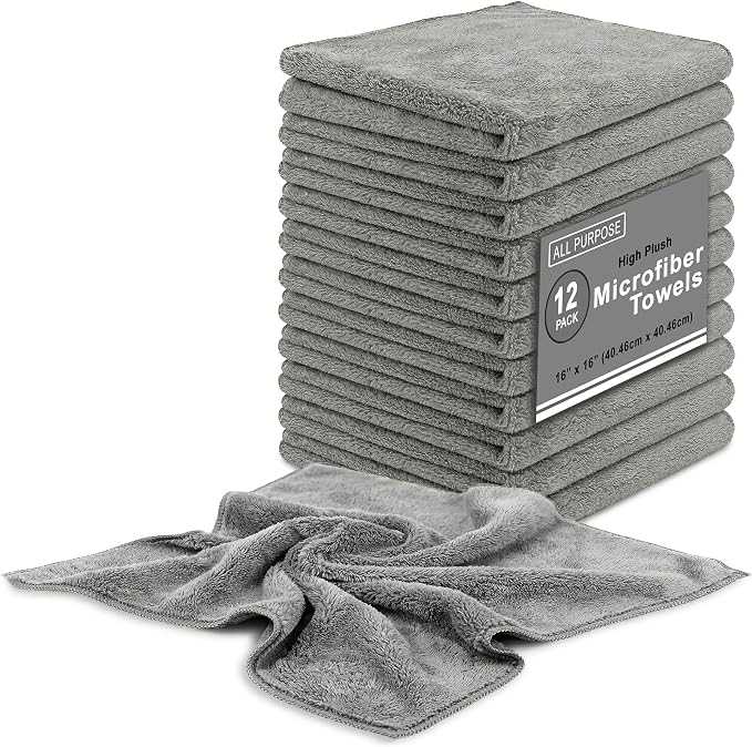 Blue Horizon Microfiber Cleaning Towels High Plush All Purpose Cleaning Rags 12-Pack 16x16 for Professional Polishing Wa