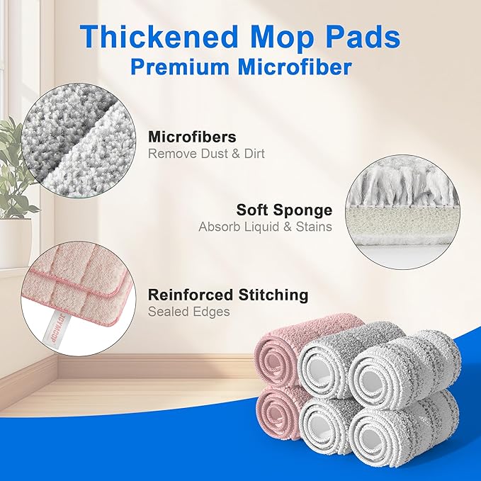 JOYMOOP Microfiber Replacement Mop Pads for 13" Flat Mop System, Reusable Floor Cleaning Refills, 6-Pack, Pink, Grey and Stripe