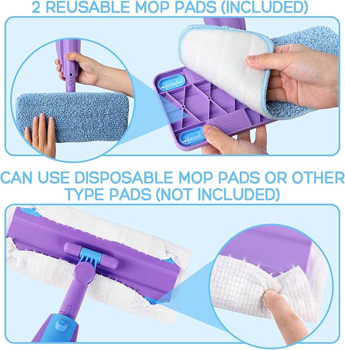 Kids Spray Mop, Real Working Toddler Cleaning Set with Water Sprayer & 2 Washable Mop Pads & Scraper, Pretend Play Montessori Housekeeping Toys Gifts for Toddlers Kids Girls Boys (Blue&Purple)