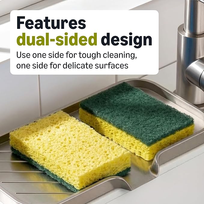 Amazon Basics Heavy Duty Dual-Sided Scrub Sponges, Reusable, 4.4 x 2.7 x 0.8 in, Yellow/Green, (Pack of 12)