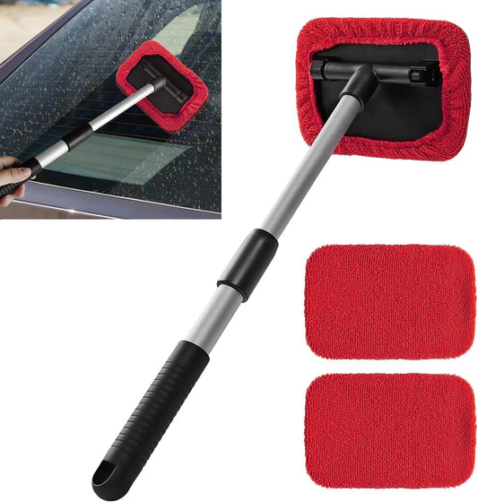 Windshield Cleaning Tool, Car Window Cleaner, Vehicle Window Cleaner with Extendable Handle & 2 Washable Microfiber Pads