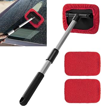 Windshield Cleaning Tool, Car Window Cleaner, Vehicle Window Cleaner with Extendable Handle & 2 Washable Microfiber Pads