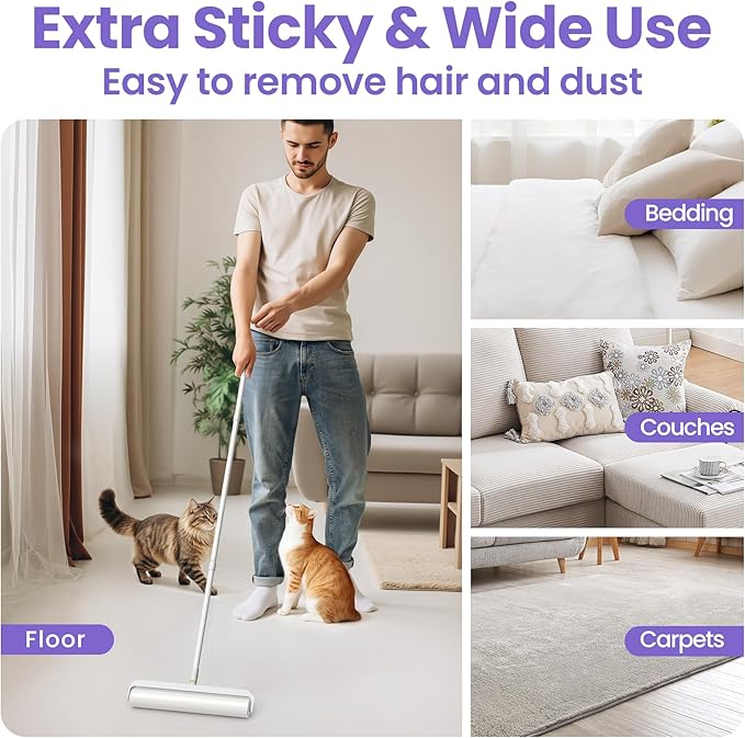 14.17" Extra Large Lint Rollers for Pet Hair, DELOMO Sticky Rollers for Floor with 3 Extendable Handle & 4 Refills (200 Sheets), Long Handle Sticky Mop for Cleaning Carpets, Couches, Furniture, Cars
